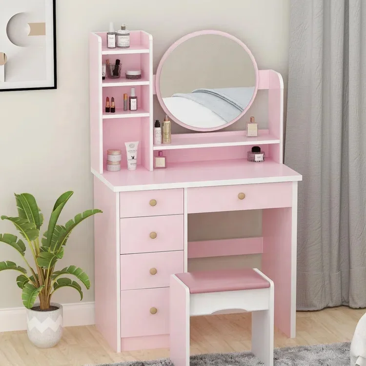 

Small size pink color kids wood dressing table bedroom dressing with mirror and stool