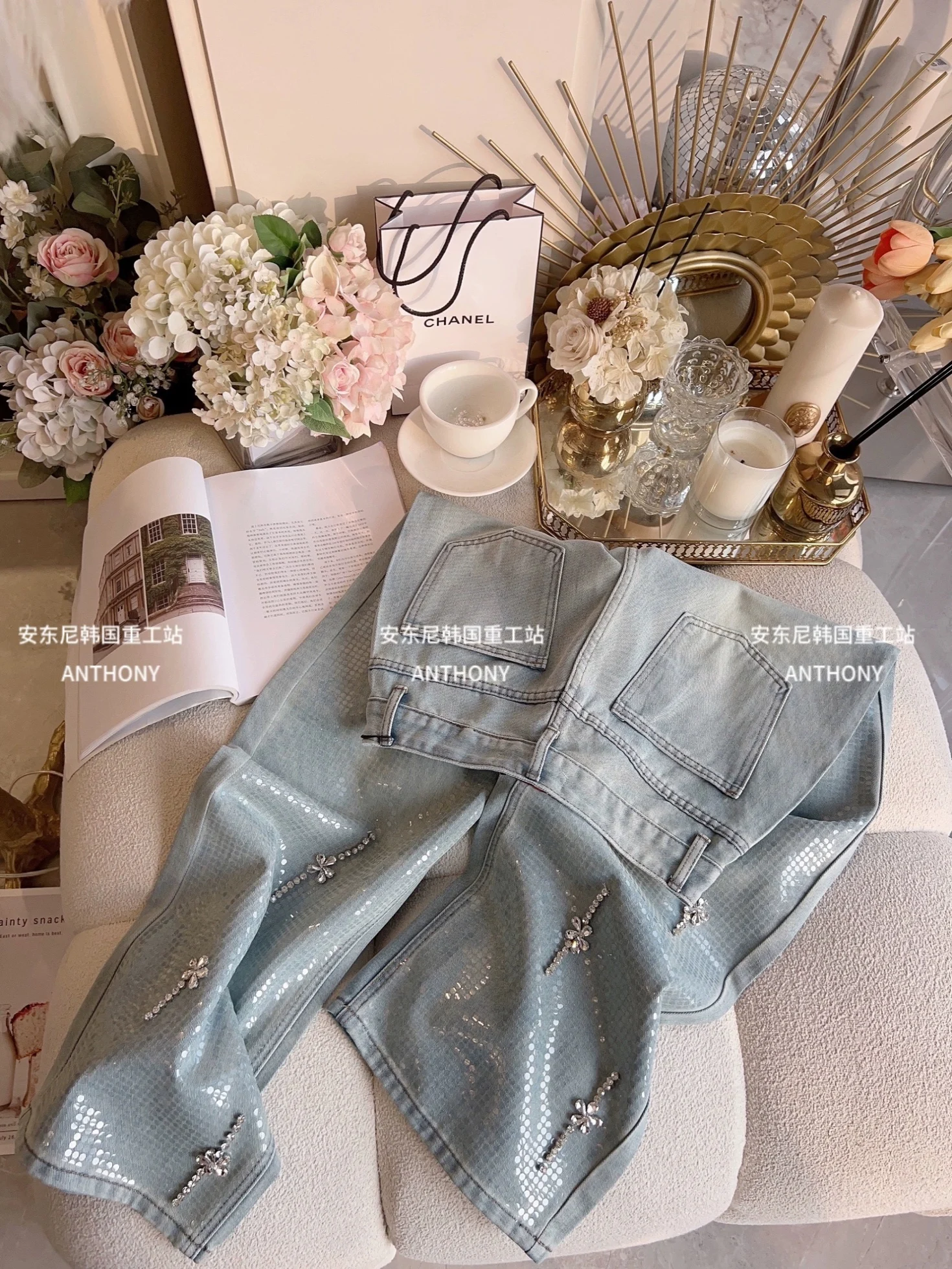 Retro Washed Jeans for Women 2024 Spring New Exquisite Rhinestone High Waist Slim Elegant Leisure Rhinestone Straight-Leg Pants