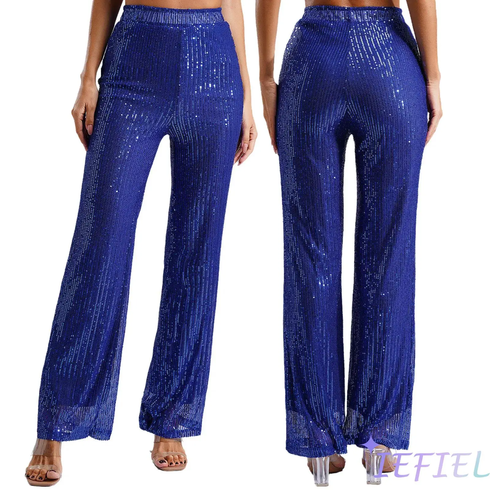 

Women Disco Party Straight Wide Leg Pants Bling Glitter Trousers Jazz Dancewear Sequin Straight Long Pants