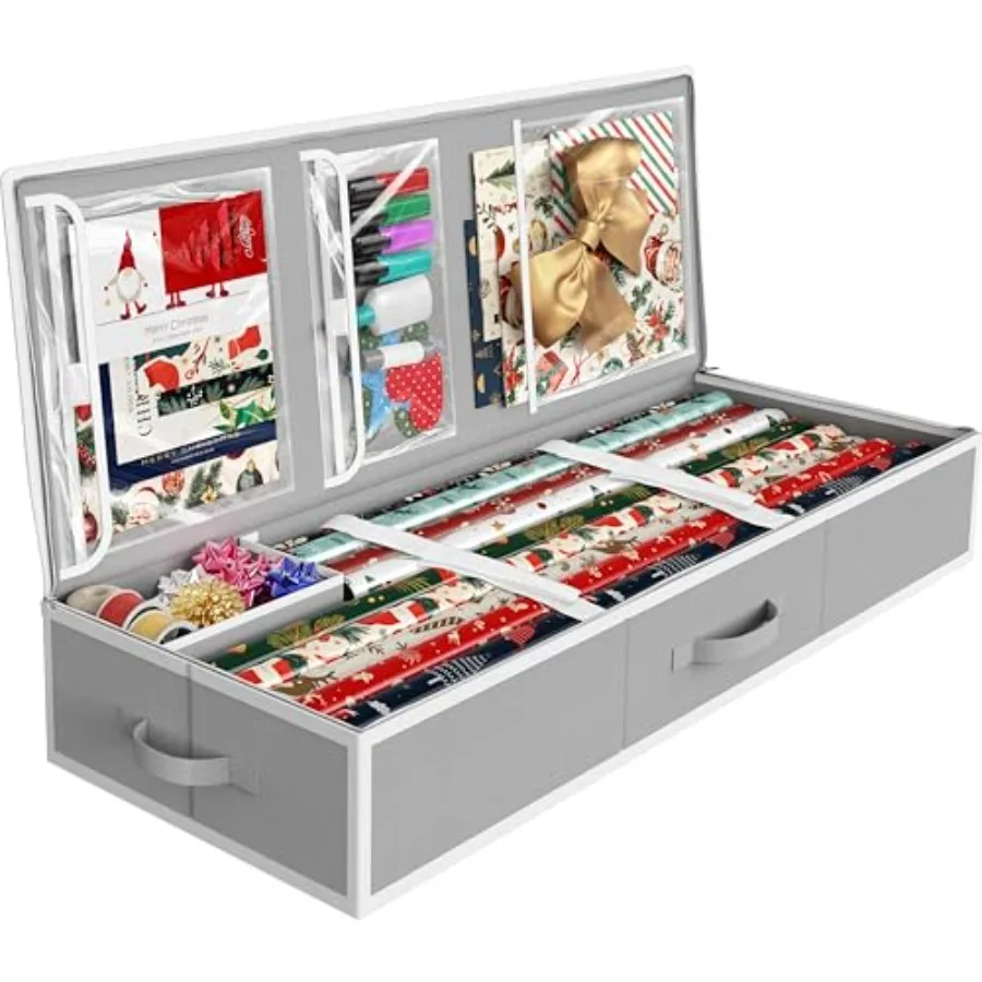 

41.5" Wrapping Paper Storage Organizer - Fits 40 Rolls with Adjustable Straps Interior Divider for Ribbons and Bows 3 Clear Poc