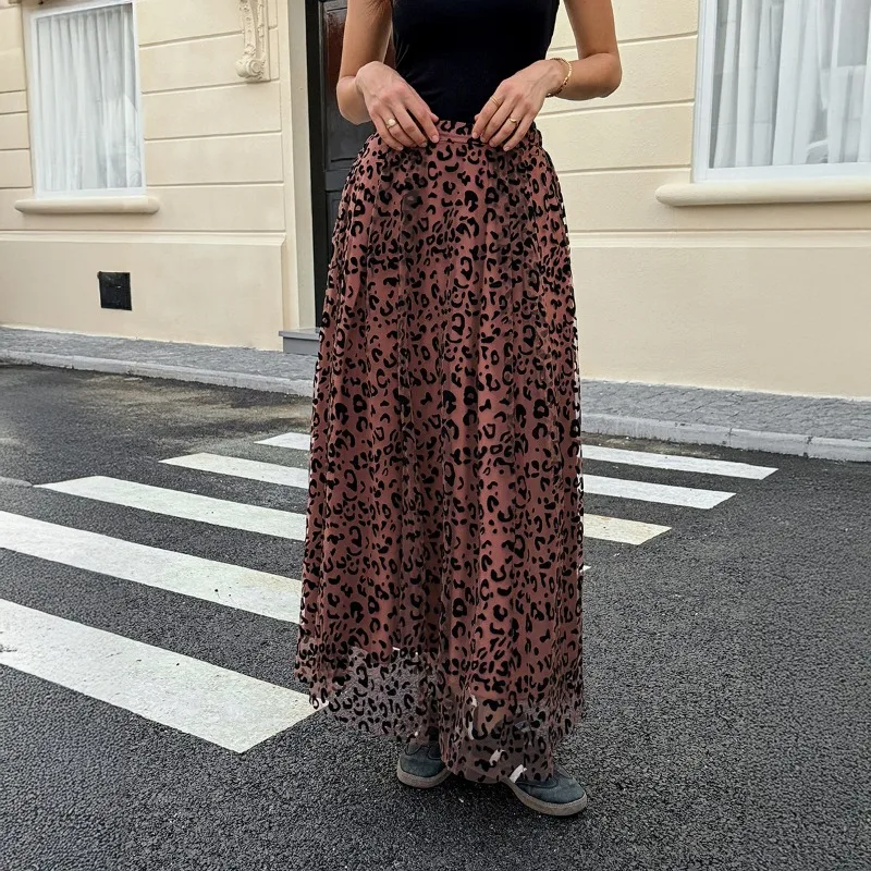 Y2K Leopard Print Long Skirt Skirt Women's Autumn and Winter Elastic Waist Mesh Loose Skirt