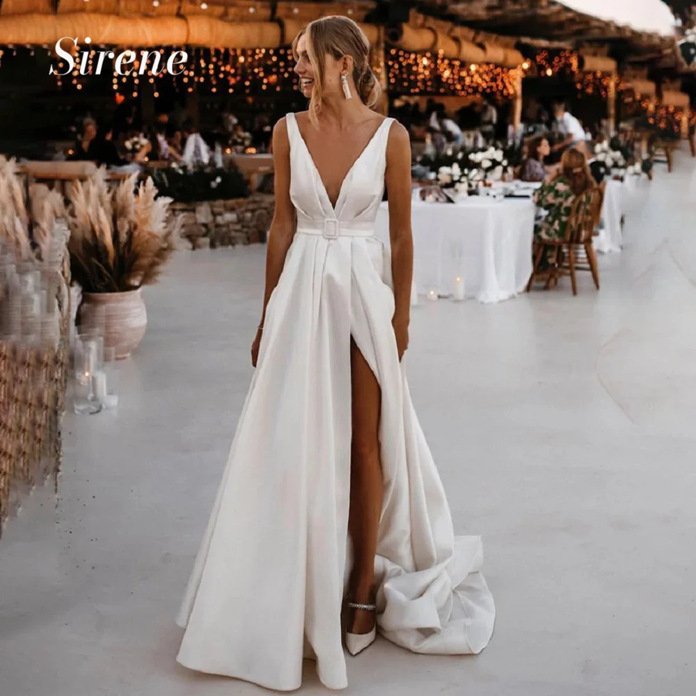 

Sirene Simple Deep V Neck Waistband Stain Wedding Dress Backless Sleeveless High Split Floor Length Bride Gown Vestido De Novia