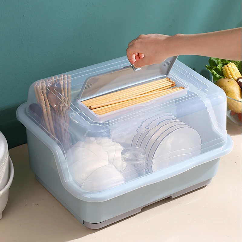 Dish Drainer Rack Household with Lid Chopsticks Cutlery Storage  Dust-proof Large capacity Kitchen Organizer Cupboard Draining