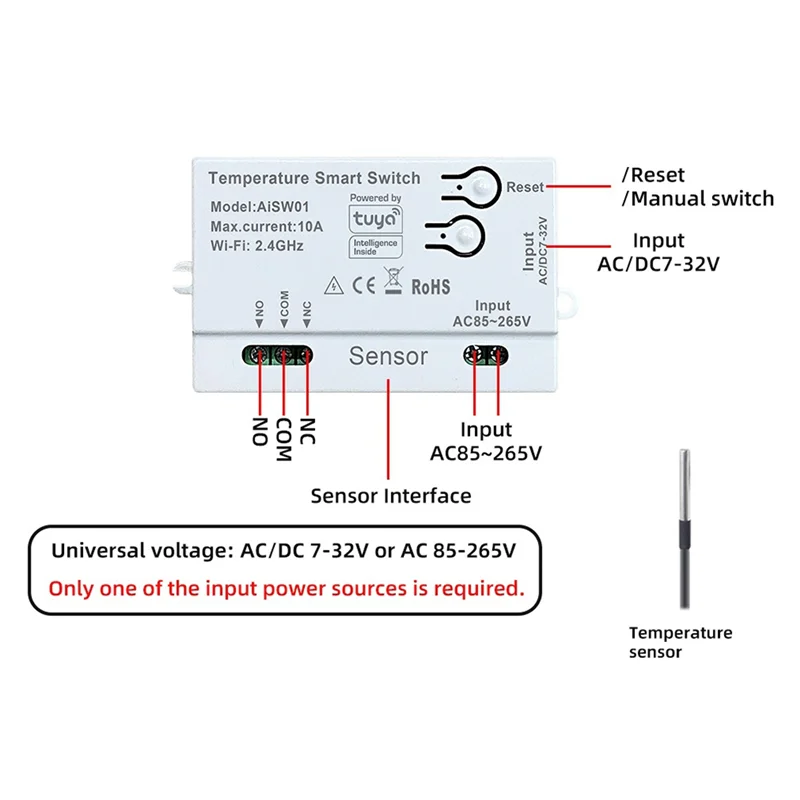 B57A Tuya Wifi Temperature Switch Sensor 2.4G Wifi Temperature Switch Sensor Smart Switch With Temperature Probe