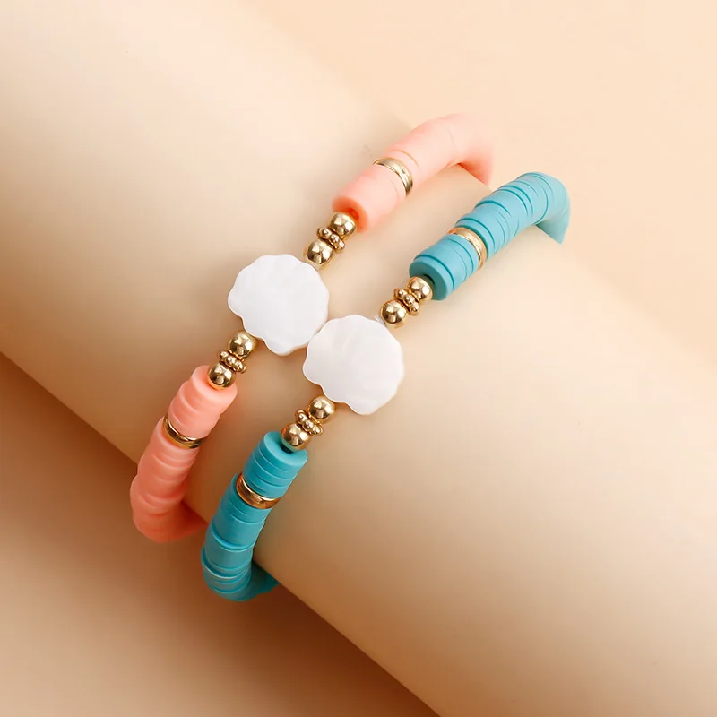 Simple Star Flower Charm Bangle Jewelry for Women's Gift Fashion Candy Colored Scallop Heart Colorful Polymer Clay Bead Bracelet