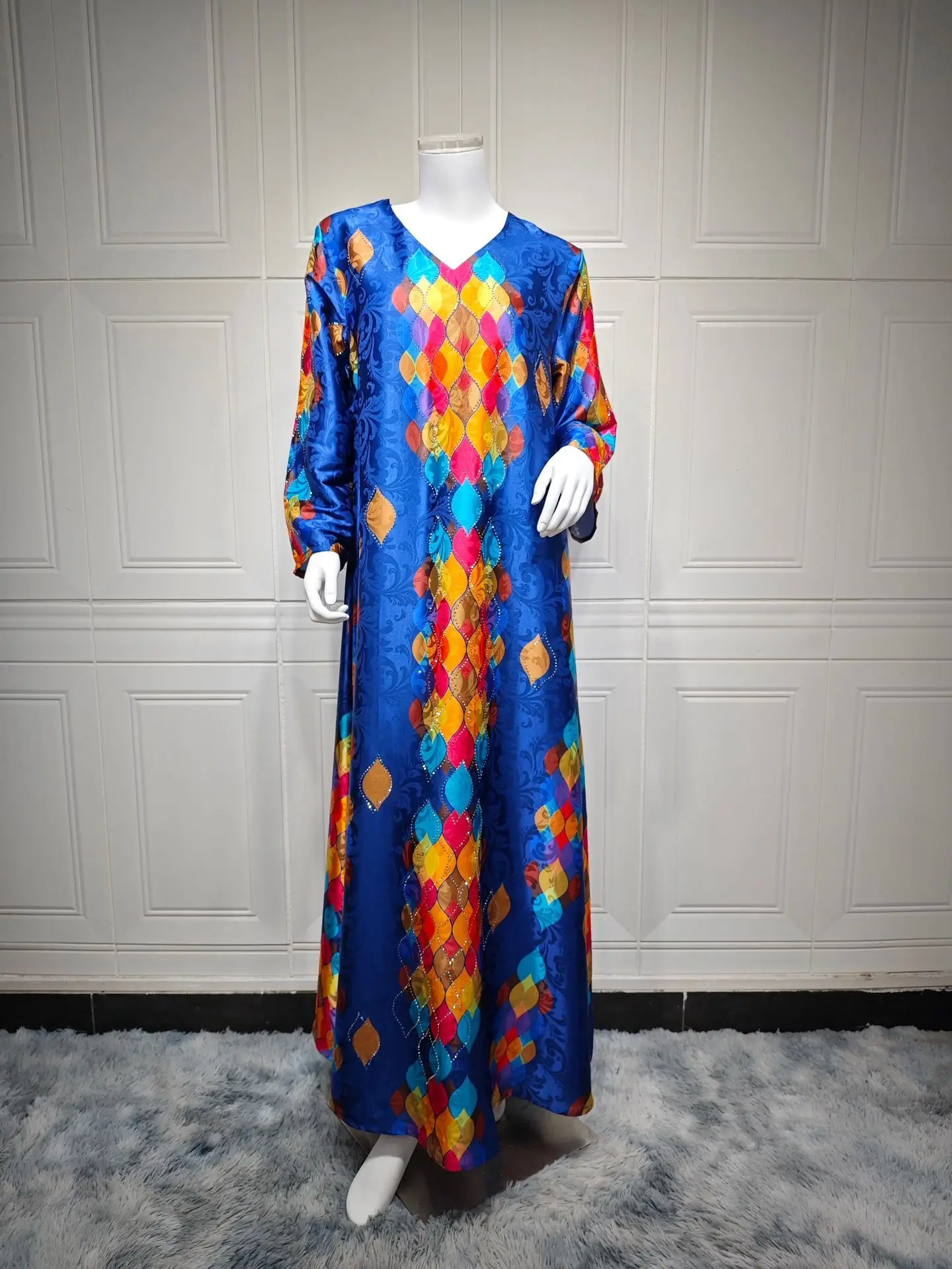 Uni Muslim Printing Hot Drill V-Neck Abayas For Woman Moroccan Dubai Turkish Elegant Loose Kebaya Fashion Long Dresses 2024