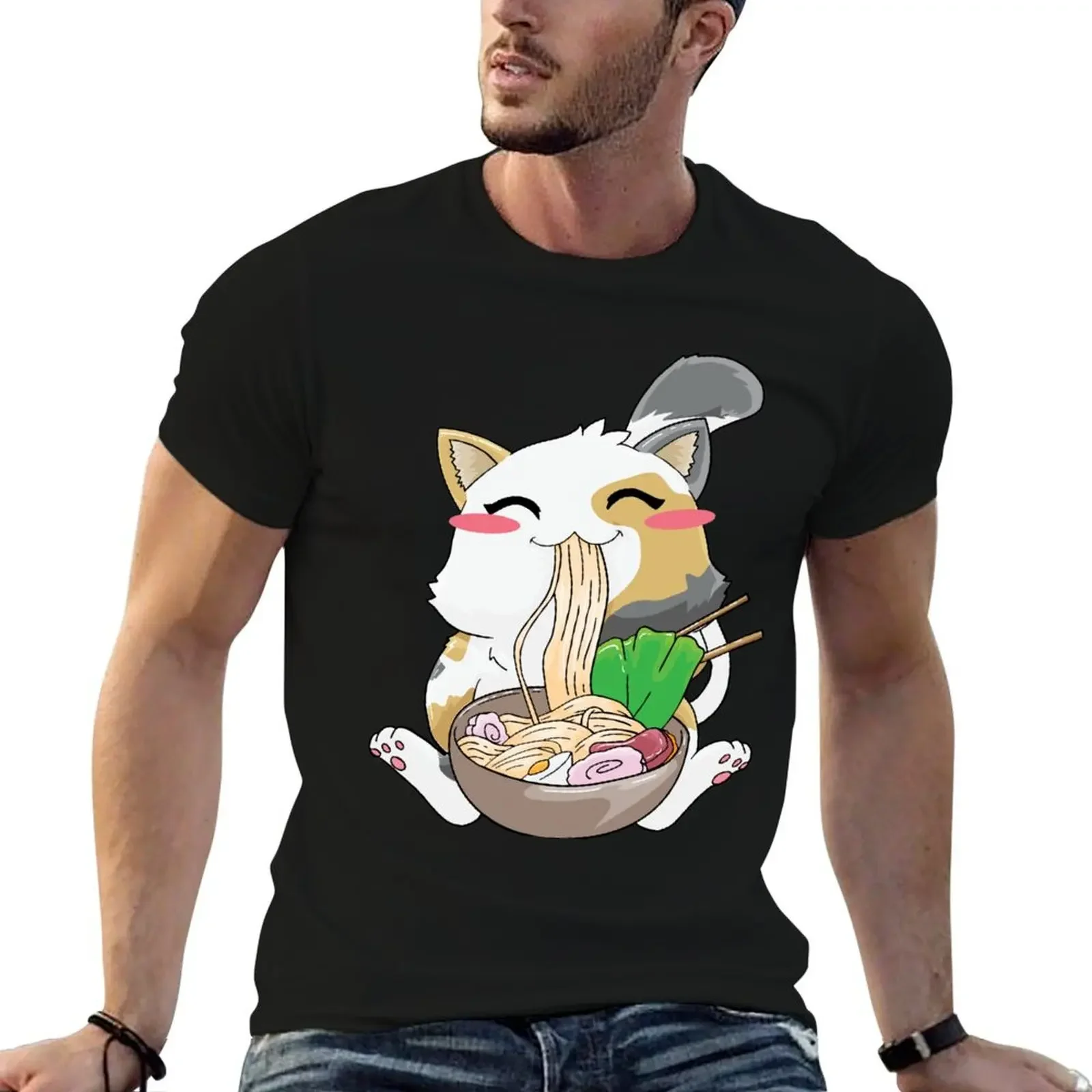 Cat Ramen Noodles Anime T-Shirt customs quick-drying vintage anime shirt vintage clothes mens big and tall t shirts