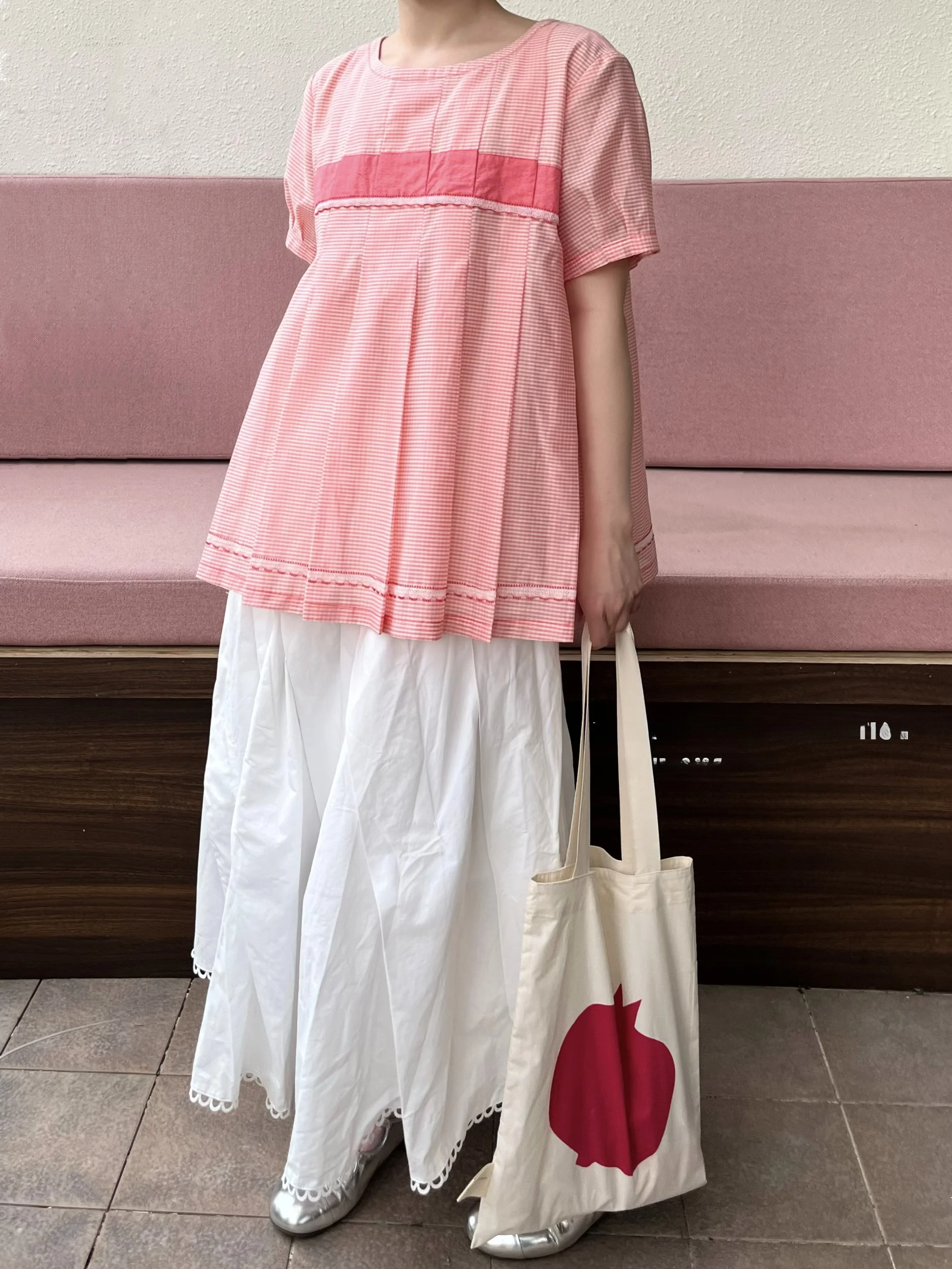

YUNKIXU Original Petites Line Dopaamine Pink Plaid Short Sleeve Lace Shirt Loose Fit Cotton Silk Blend Bubble Sleeve round Neck