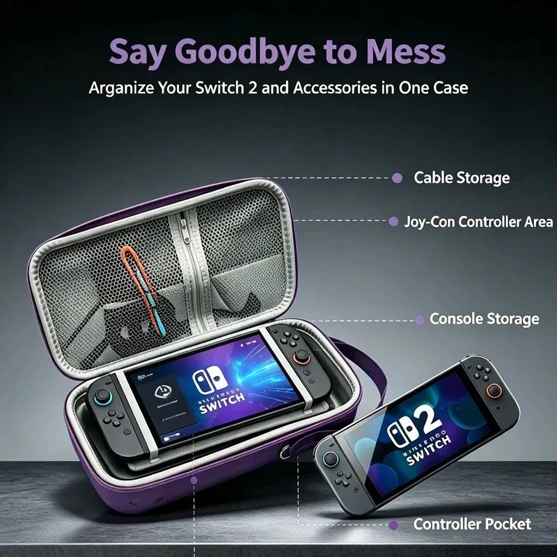 Large Capacity Carrying Case Compatible with Switch 2, Shockproof Travel Protective Storage Bag with Game Card Slots & Accessory