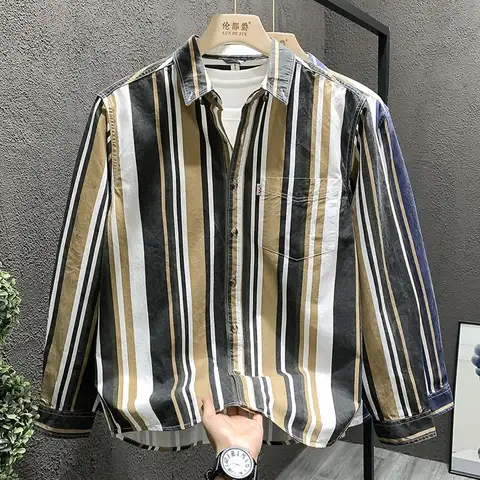 Modisches, gestreiftes Farbblock-Mode-Langarmhemd für Herren, vielseitiges, lässiges Oberteil mit quadratischem Kragen und Knopfleiste
