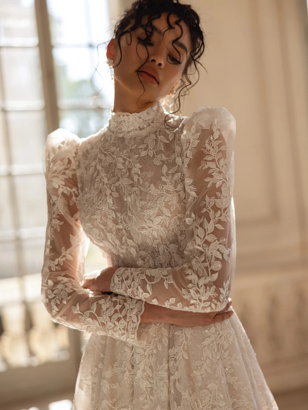 New Glitter Lace Appliques Puff Sleeve Wedding Dress Sexy Backless Bridal Gown Customized A-line Long Dresses For Bride