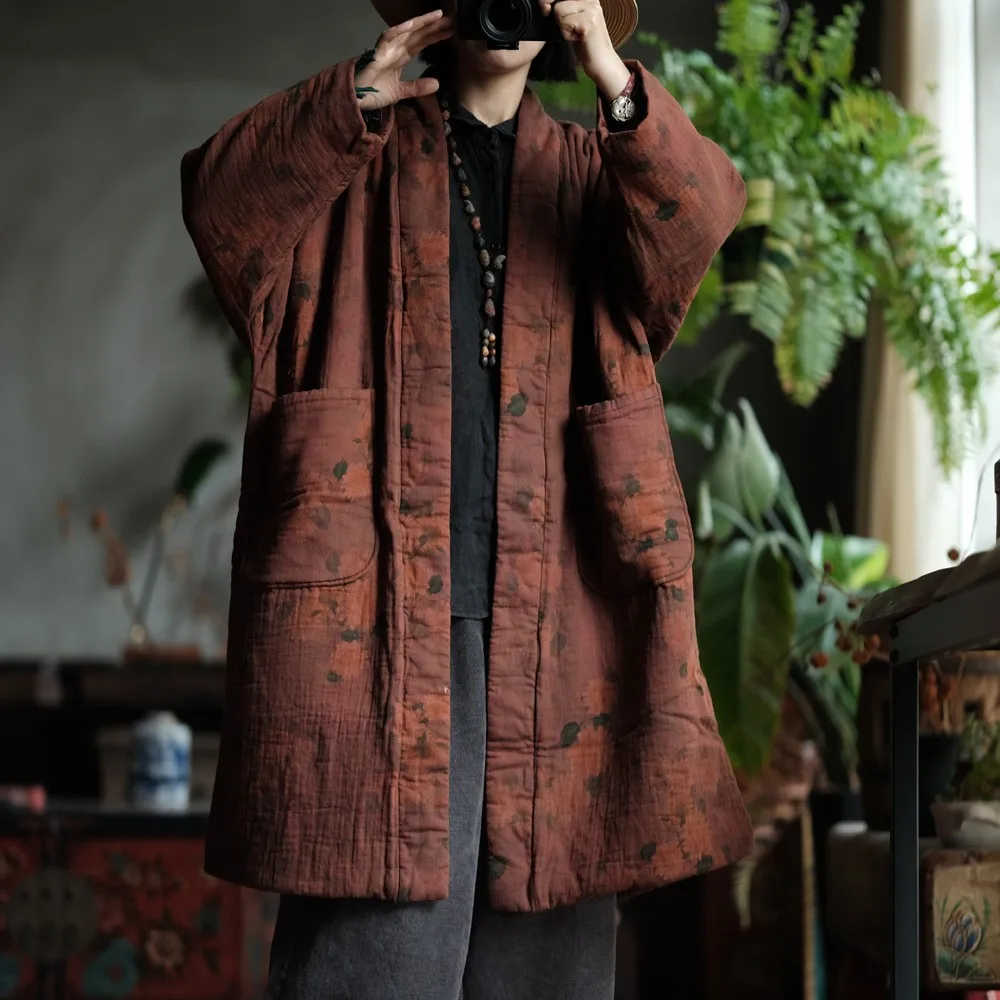 100% Cotton Women Casual Padded Long Jackets New 2024 Winter Vintage Style Loose Thick Warm Female Quilted Trench Coats M274