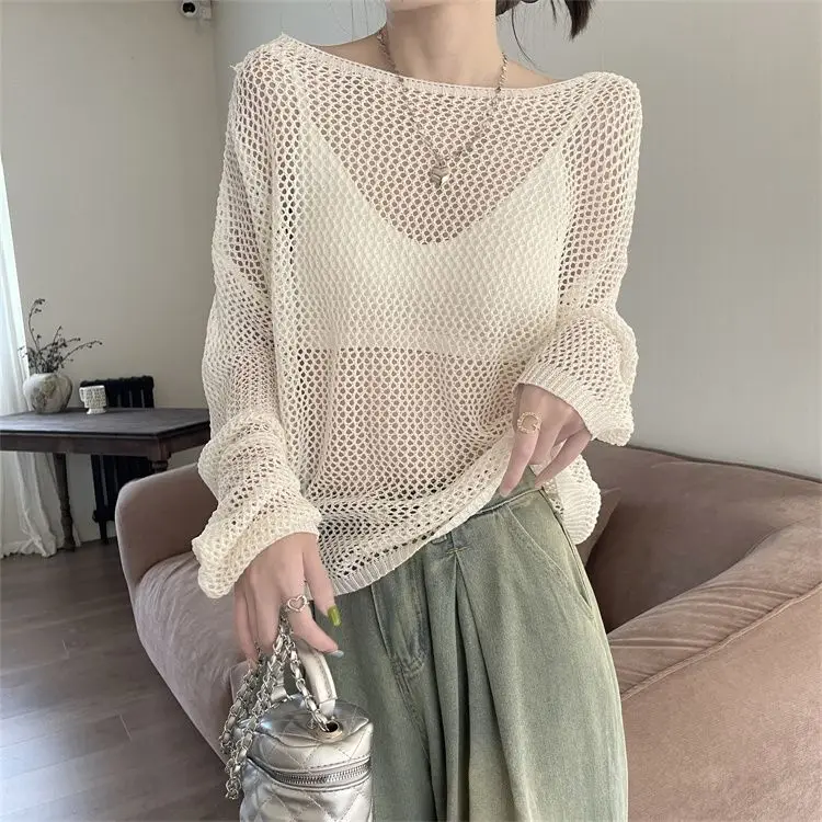 Thin French Sweet Knit Sunscreen Coverall Women Pullover Outer Backless Design Pearl See Through Long Sleeve Top Sexy