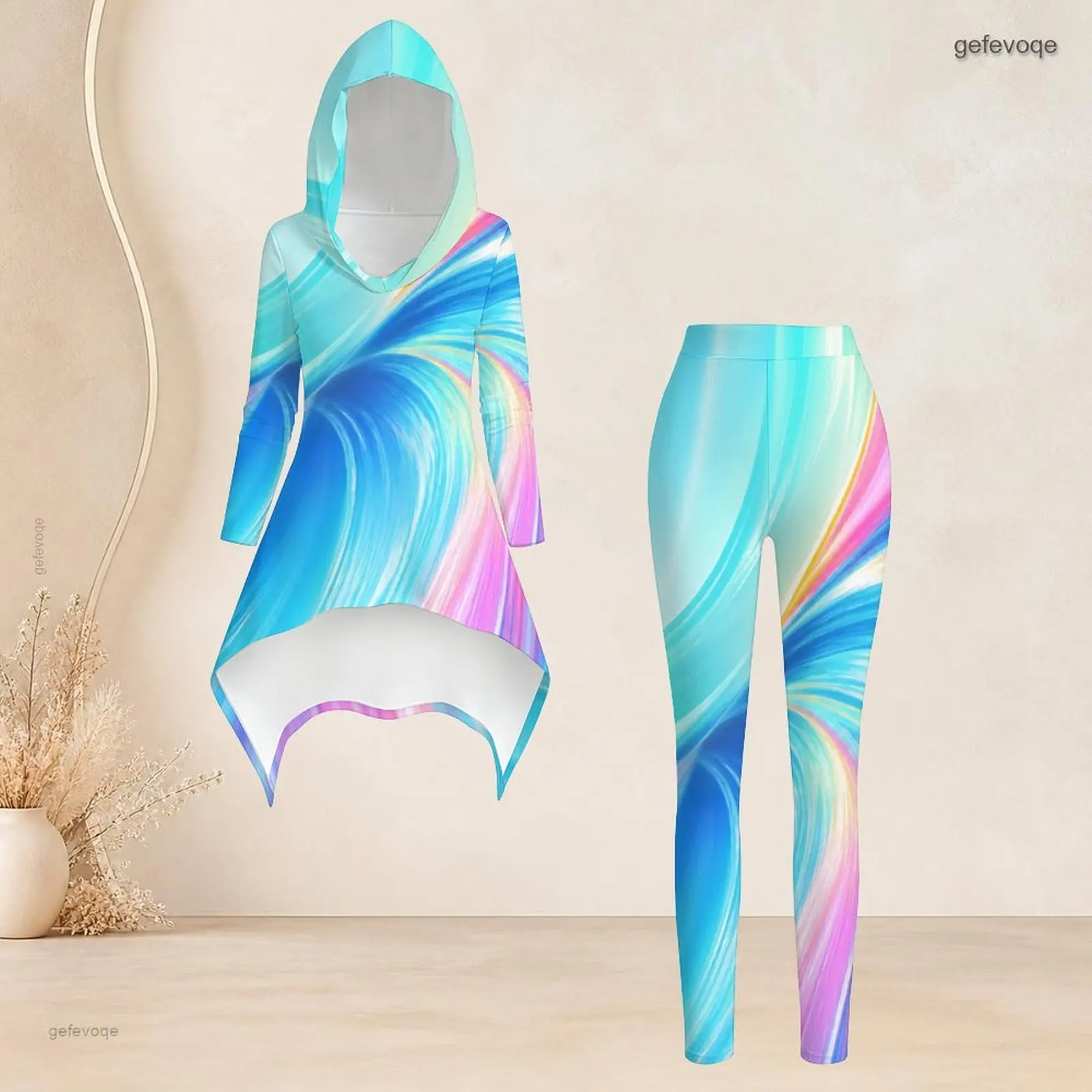 Women Abstract Swirl Printed Hooded Long Sleeve High Low Top and Fitted Leggings Two Piece Pants Set