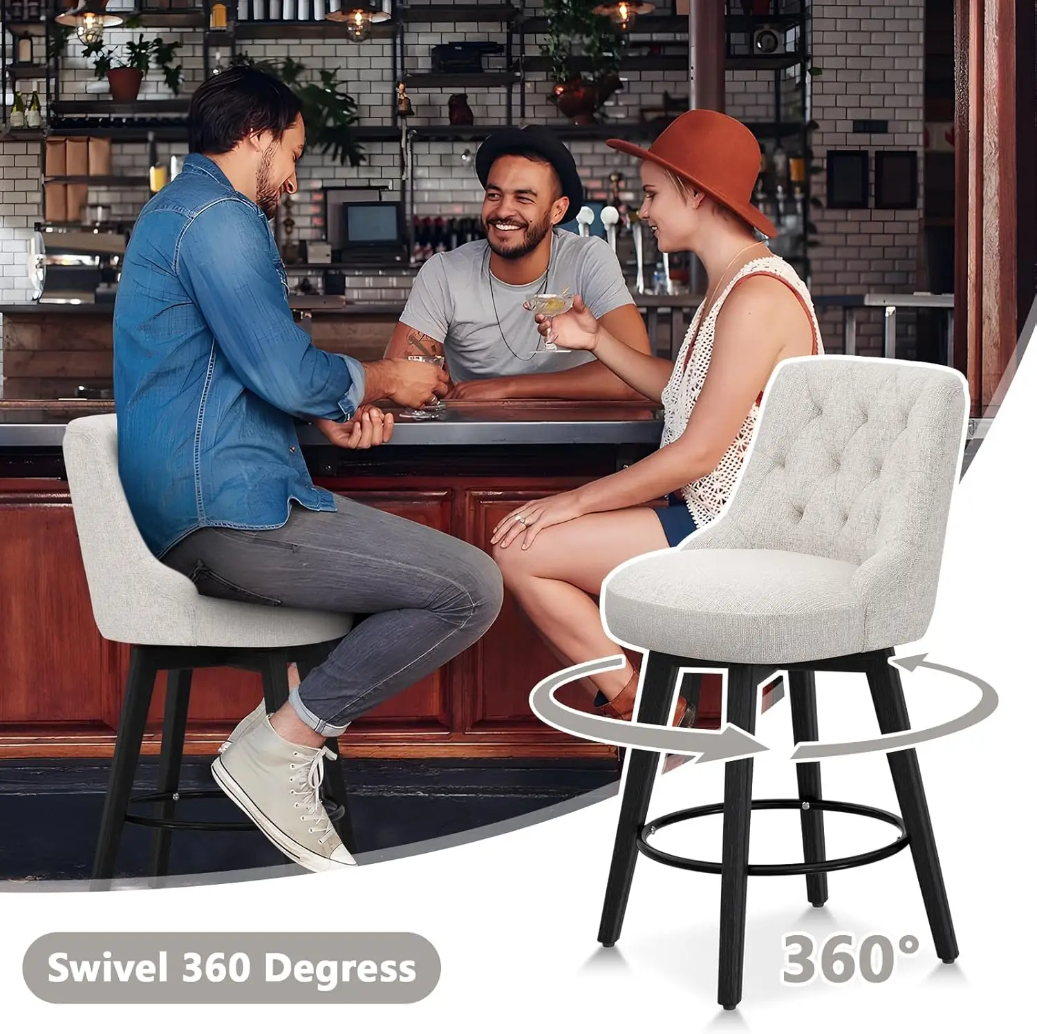 Modern 26 Inch Bar Stools Set Of 2, Swivel Height Counter Stools With High Back, Dark Beige Upholstered Barstool, Bar Chair