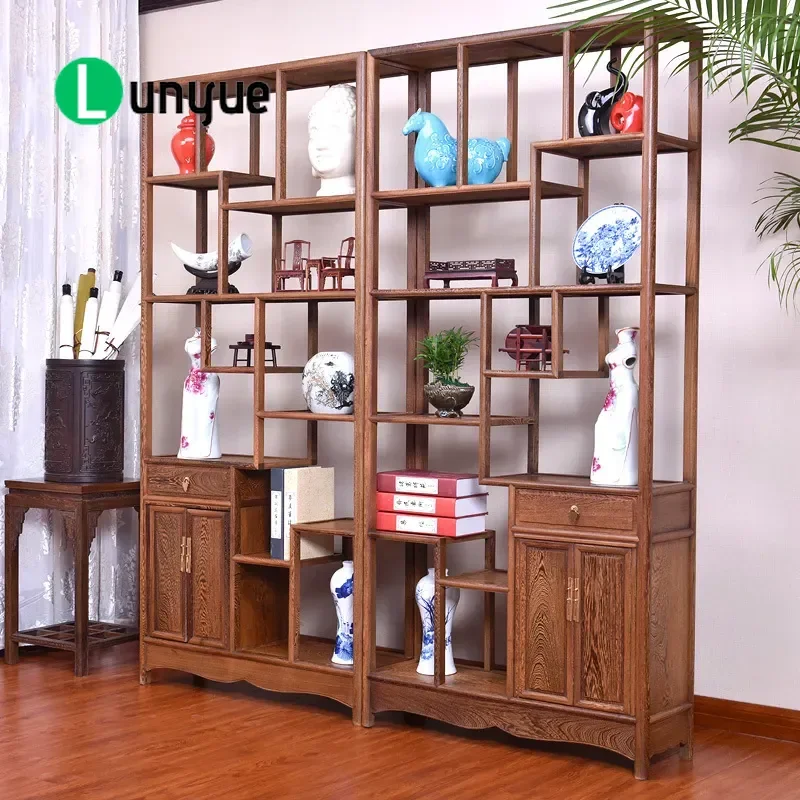 Chinese Style Solid Wood Mahogany Chicken Wing Wood Display Shelf Antique Bogu Frame Tea Rack Storage Cabinet for Living Room