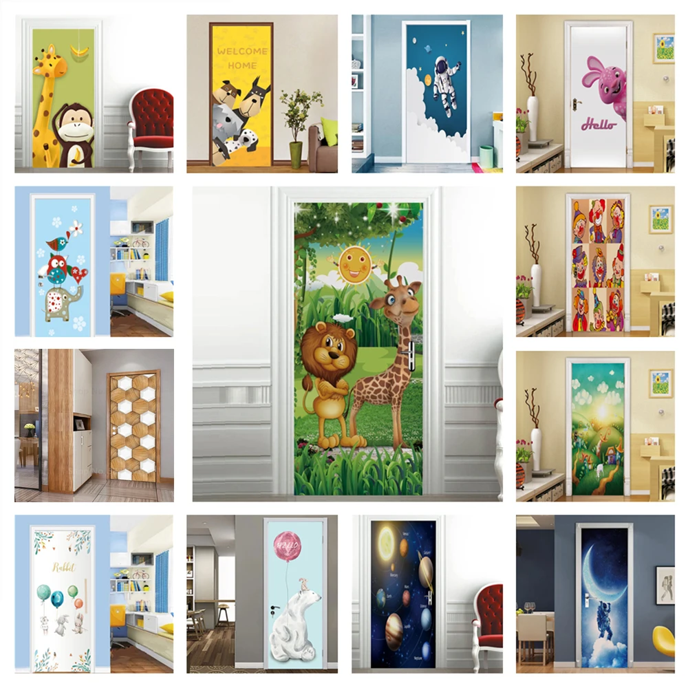 Cartoon Children Door Sticker For Kids Boys Girls Room Bedroom 3d Wallpaper Self-adhesive Jungle Lion Giraffe Decoration Poster