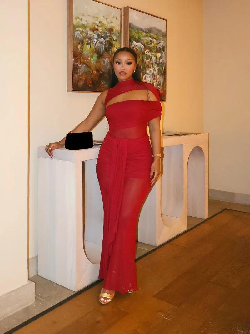 KEXU One Kurzarm-Ausschnitt, Netzstoff, gestapelt, gerüscht, figurbetont, Midi, Maxi, langes Damenkleid, 2025, Urlaub, sexy Party, Vestido-Kleider