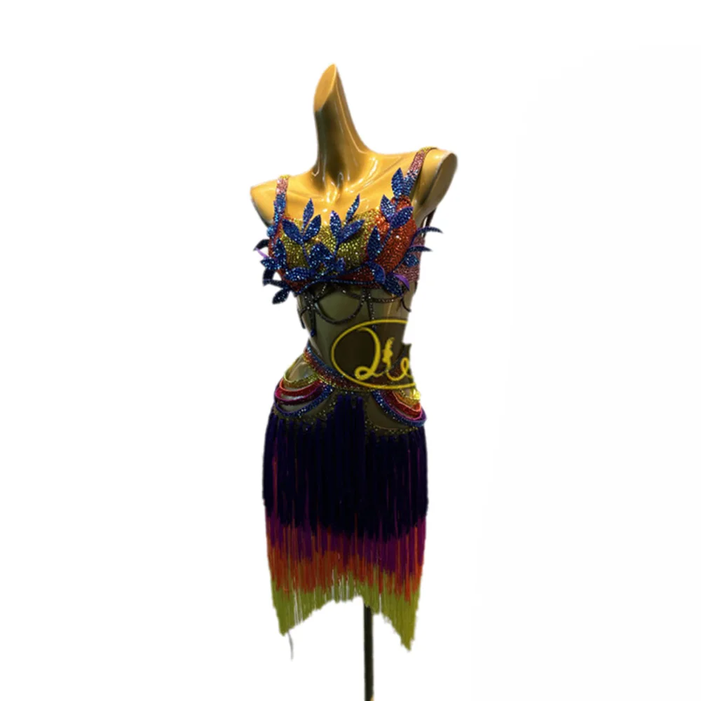 

Latin Dancers, Adults, Children, High-End Customized Big Feather Flower Costume, Tango Samba AB Stone Performance Dress