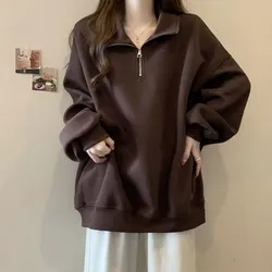 Casual Basic Polo-Neck Pullovers Spring Autumn Stylish Zipper Female Clothing Solid Color Loose Korean Long Sleeve Sweatshirts