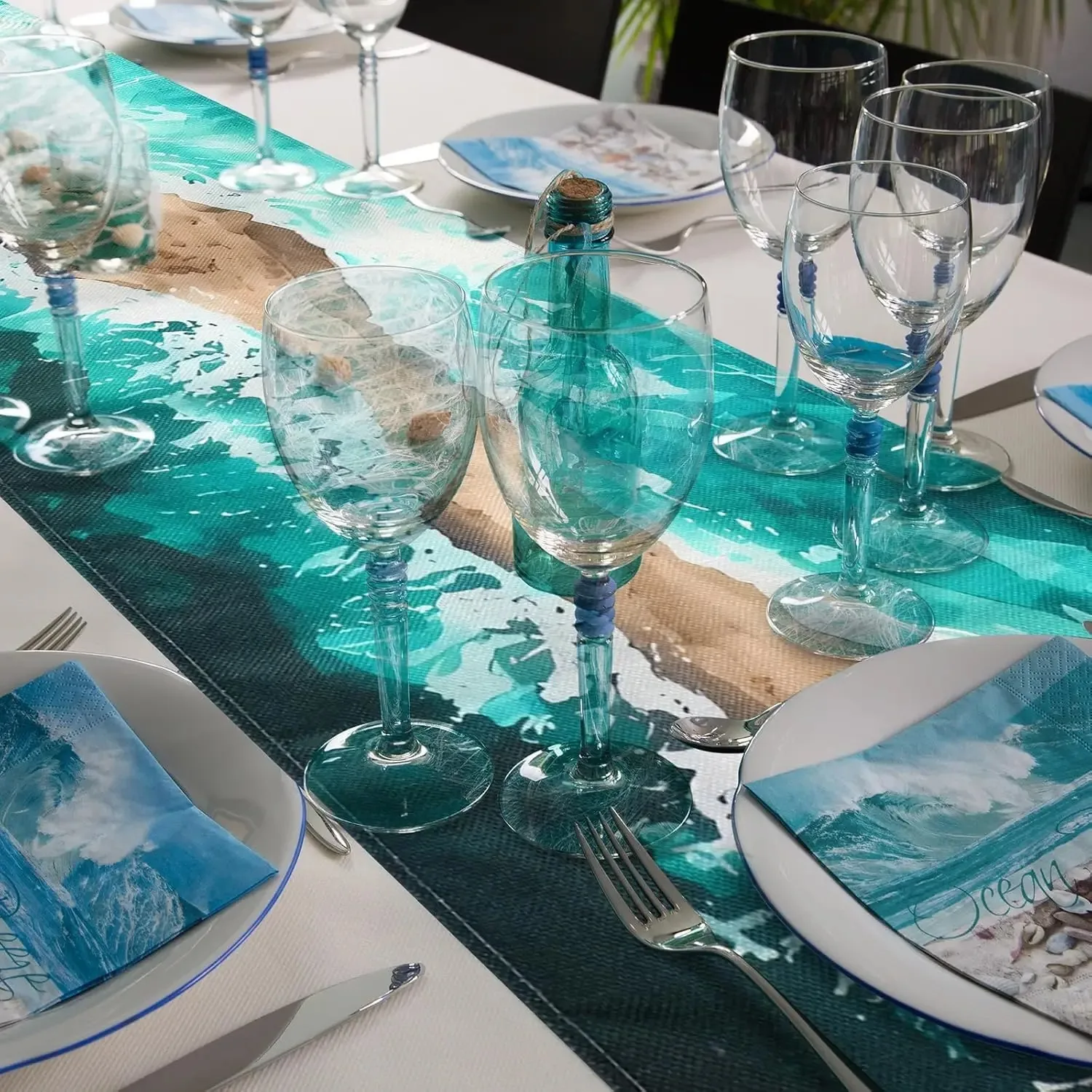 Watercolor Ocean Wave Beach Linen Table Runner Seashore Surf Sand Path Print Coastal Style For Summer Home Dining Table Decor 
