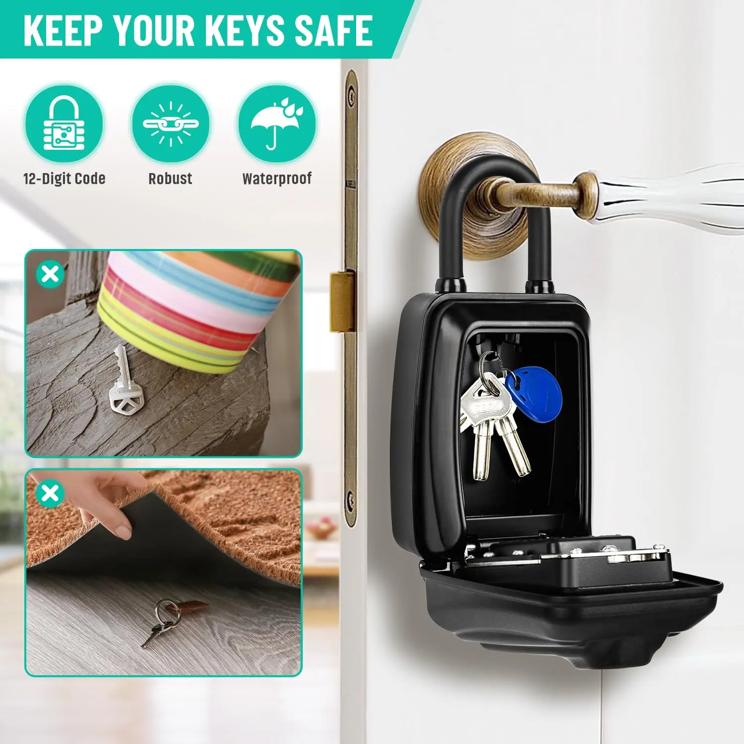 Key Lock Box for Sturdy Waterproof Hanging Lock Box for House 12-Digit Combination Resettable Large Capacity Security Lockbox