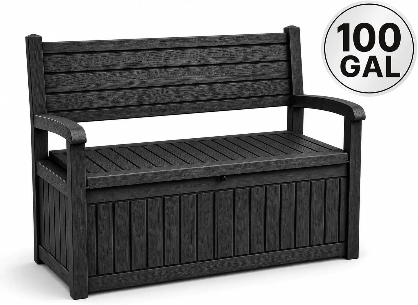 100 Gallon Wood Grain Style Outdoor Storage Bench Waterproof Lockable Deck Box Patio Furniture Container Storage Bench For Backyard Garden Porch Cushions Tools Black