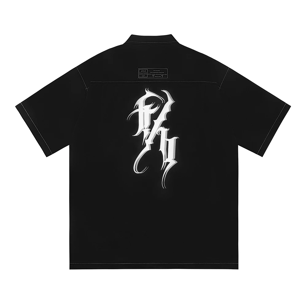 Flower Font Crying and Laughing Clown Mask Embroidered Loose Workwear Shirt for Men Short Sleeve Pockets Baggy Top Tees