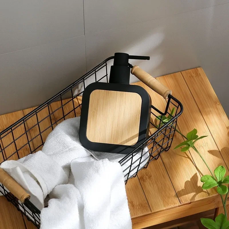 Square Soap Dispenser with Bamboo Pump Hands Soap Bottle Refillable Liquid Sub-bottling for Bathroom and Kitchen Decor