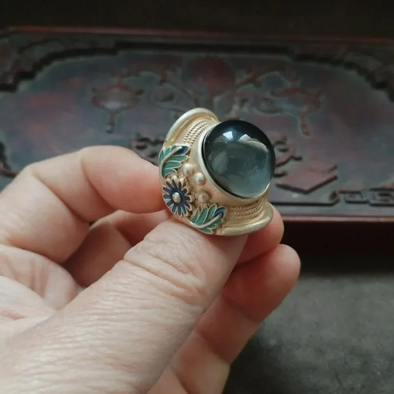 Vintage Patina Cloisonne Ring, White Copper Silver Plated, Oval Temperature Color Changing Gem, Adjustable Open Unisex Jewelry