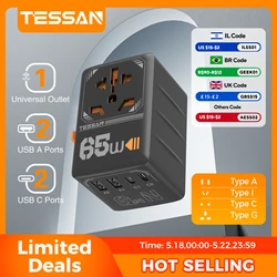 TESSAN-Adaptateur de voyage universel GaN avec USB Type C, 65W, prise internationale, UE, Royaume-Uni, États-Unis, prise AUS