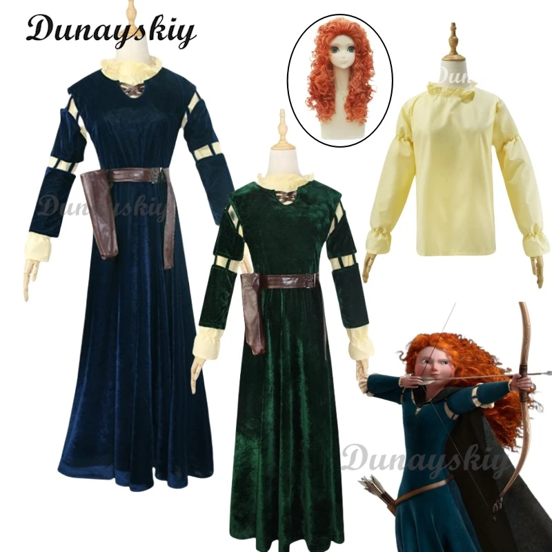 

Anime Merida Cosplay Costume Wig Masquerade Carnival Dress Up Party Outfits Women Men Long Sleeve Dress Accessories Halloween