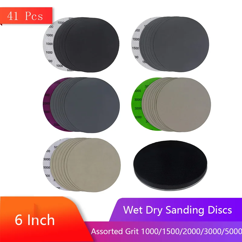 6 Inch Wet Dry Sanding Discs 41 Pcs with Interface Pad Assorted 1000/1500/2000/3000/5000 Grit Waterproof Hook & Loop Sandpaper