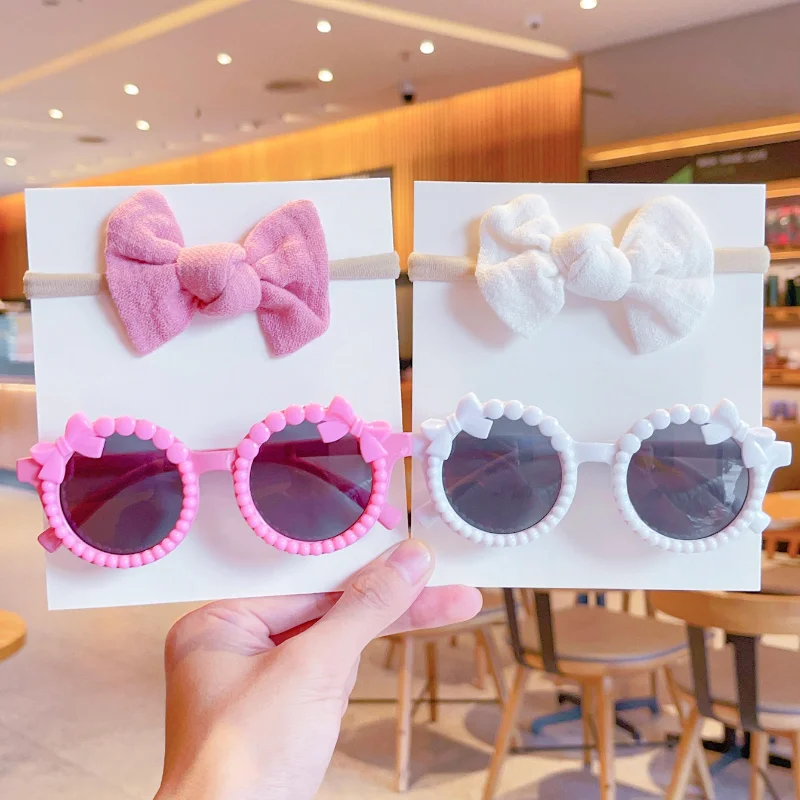 2 Pcs/Set New Children Fashion Round Bowknot Colors Sunglasses UV400 Lovely Soft Bowknot Hairbands Set Kids Hair Accessories