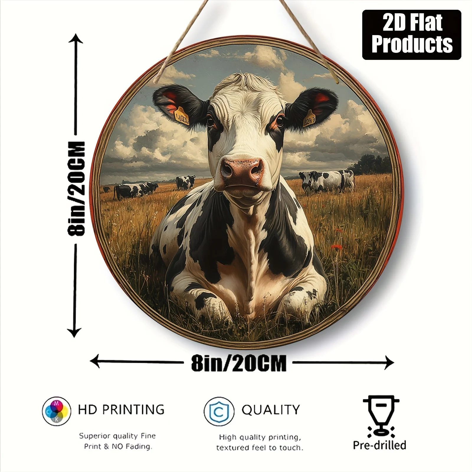 [Home Decoration] Vintage Farmhouse Cow Wall Art - 8x8 Inch Round Wooden Sign with Rustic Brown and White Cow Design, Perfect fo