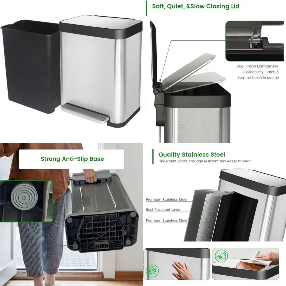 

Stainless Steel 10 Gallon Trash Can with Removable Bucket, Soft Close Lid, Step-on Pedal for Modern Kitchen Waste Management