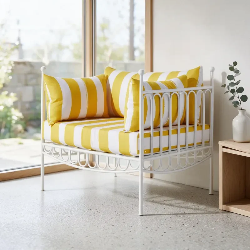 Nordic Metal Frame Double Sofa Yellow White Striped Waterproof Cushion Balcony Villa Hotel Indoor Outdoor Leisure Bench