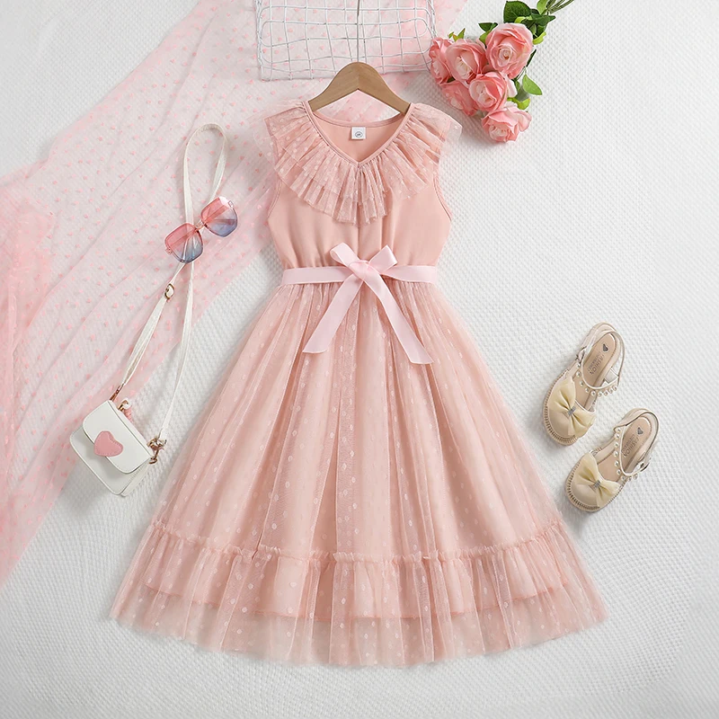 

Kids For Girls Pink Lace V-Neck Tulle Dress & Detachable Belt Sweet Princess Style Birthday Party Children Daily Clothes