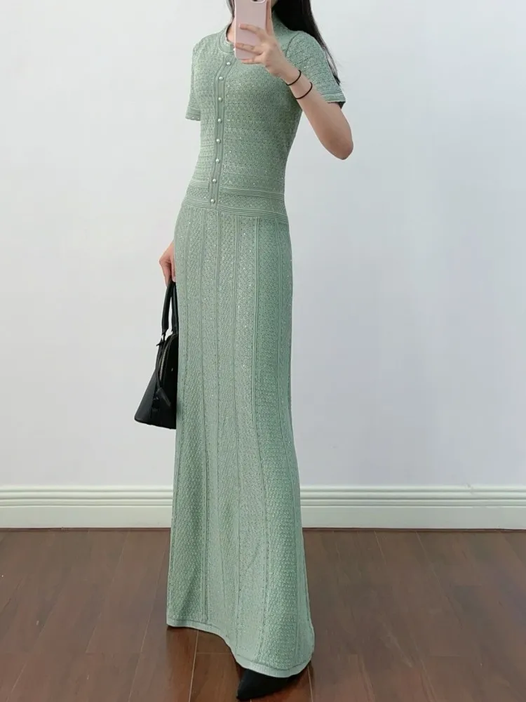 Elegant Spring Summer Women Knitted Dress Short Sleeve Slim Fit A-Line Long Dresses Knitwear Hollow Out Fashion Bohemia Dress
