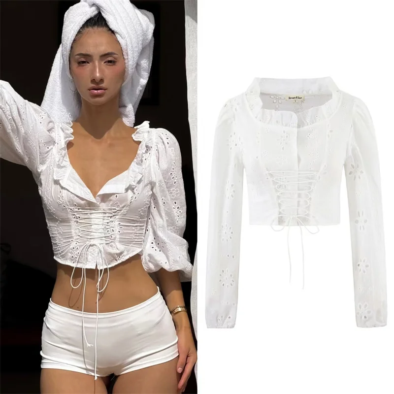 Damen-Hemd, 2025, Winter, neu, weiß, langärmelig, französische Hohldekoration, zum Binden, kurzes Hemd, sexy und modisch, einzigartiger Stil