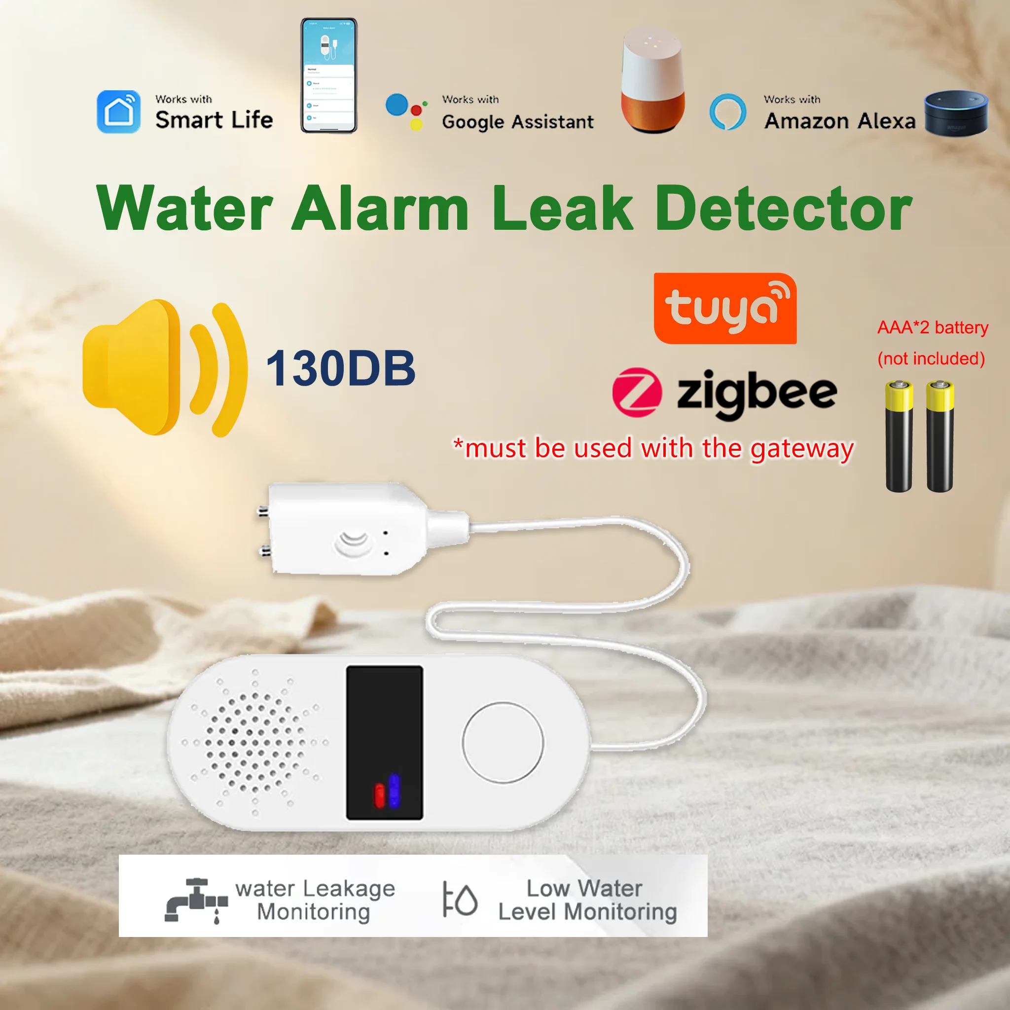 Tuya Zigbee Water Leak Detector 130dB Alarm Flood Liquid Sensor AAA Battery Smart Life APP Home Kitchen Basement Bathroom