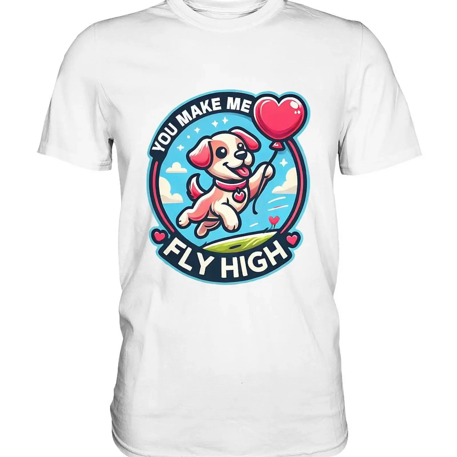 You Make Me Fly High Playful Puppy with Heart Balloon Premium T Shirt vintage Washed graphic Top For Everyday Wear Breathable