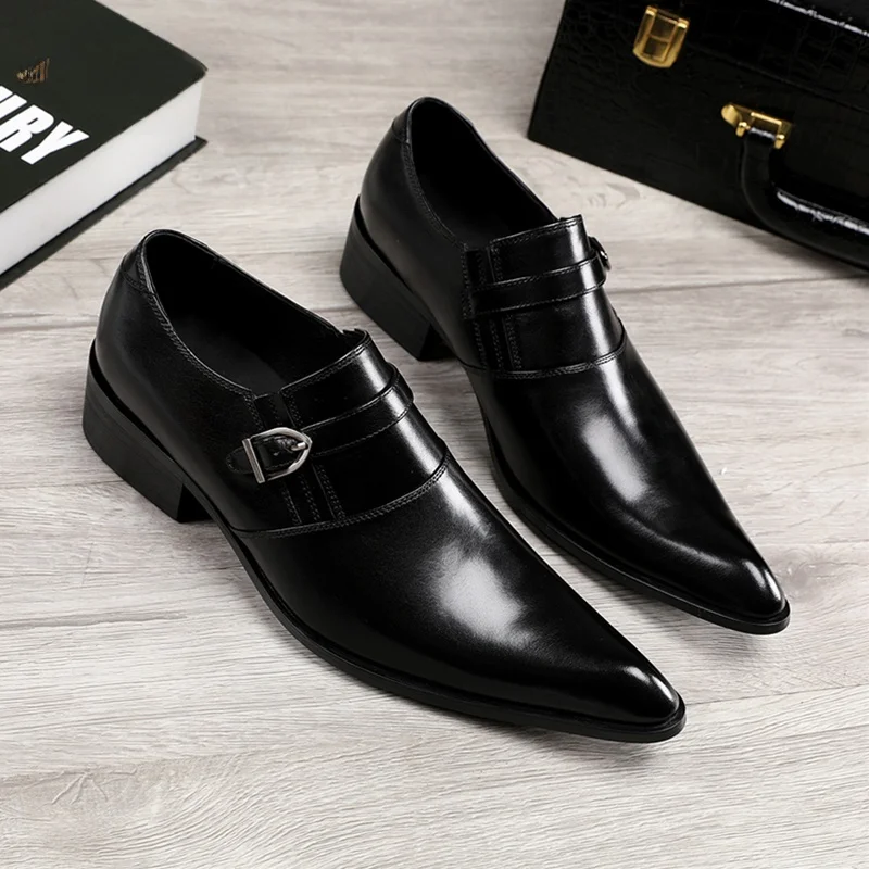 Business Formal Pointed Toe Leather Shoes Men's Increased Height Shoes Korean Version Host New Groom Shoes Comfortable Breath...