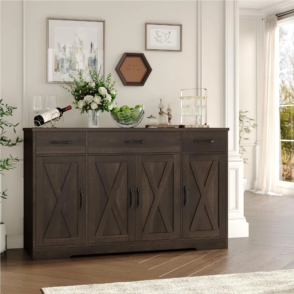 Aparador grande de 55 ", armario de almacenamiento de Buffet con estantes y 4 puertas, mesa de Buffet de madera de granja moderna para cocina, comedor