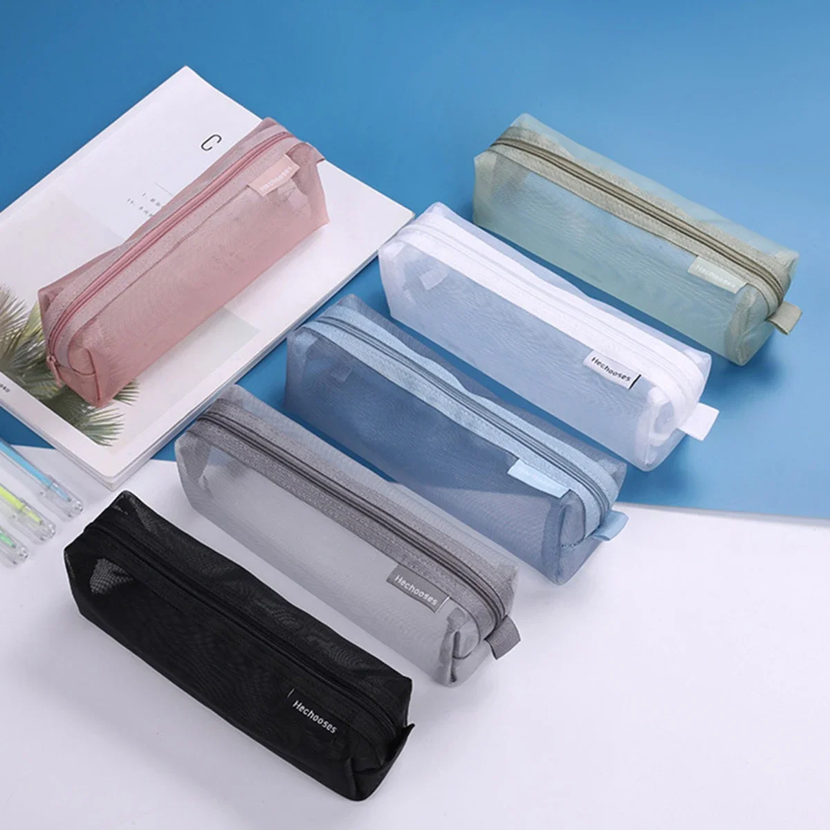 Simple Transparent Mesh Pencil Case Thickened Large Capacity Portable for Students Exam Bag Storage Pouch Stationery Supplies