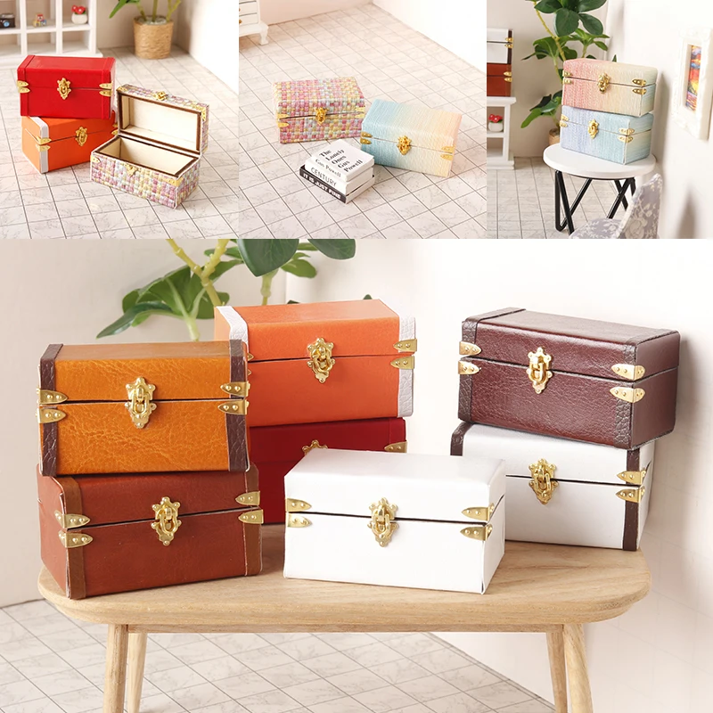 1:12 Dollhouse Miniature Suitcase Vintage Leather Luggage Box Storage Box Home Model Decor Toy Doll House Accessories