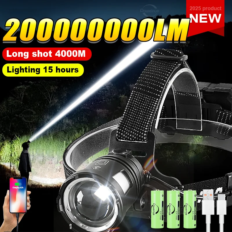 

200000000LM Ультра яркая фара 500 Вт Светодиодный мощный налобный фонарь Перезаряжаемый налобный фонарь 18650 Налобный фонарь для кемпинга на открытом воздухе