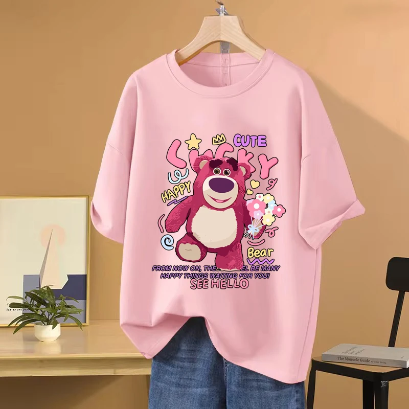 Lotso Bear Cartoon Anime Women T-shirt Summer Short Sleeve Men Tee Shirts 100% Cotton 2025 New Fashion Couple Clothes Tops