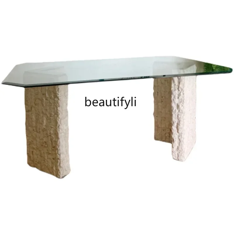 Nordic natural travertine dining table creative square tempered glass art smashing effect negotiation table