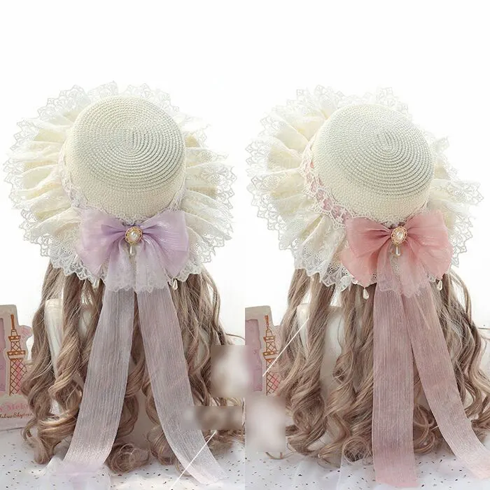 Sweet Lolita Straw Sunhat Mori Girl Caps with Lace & Bowknot Beach Summer Hat